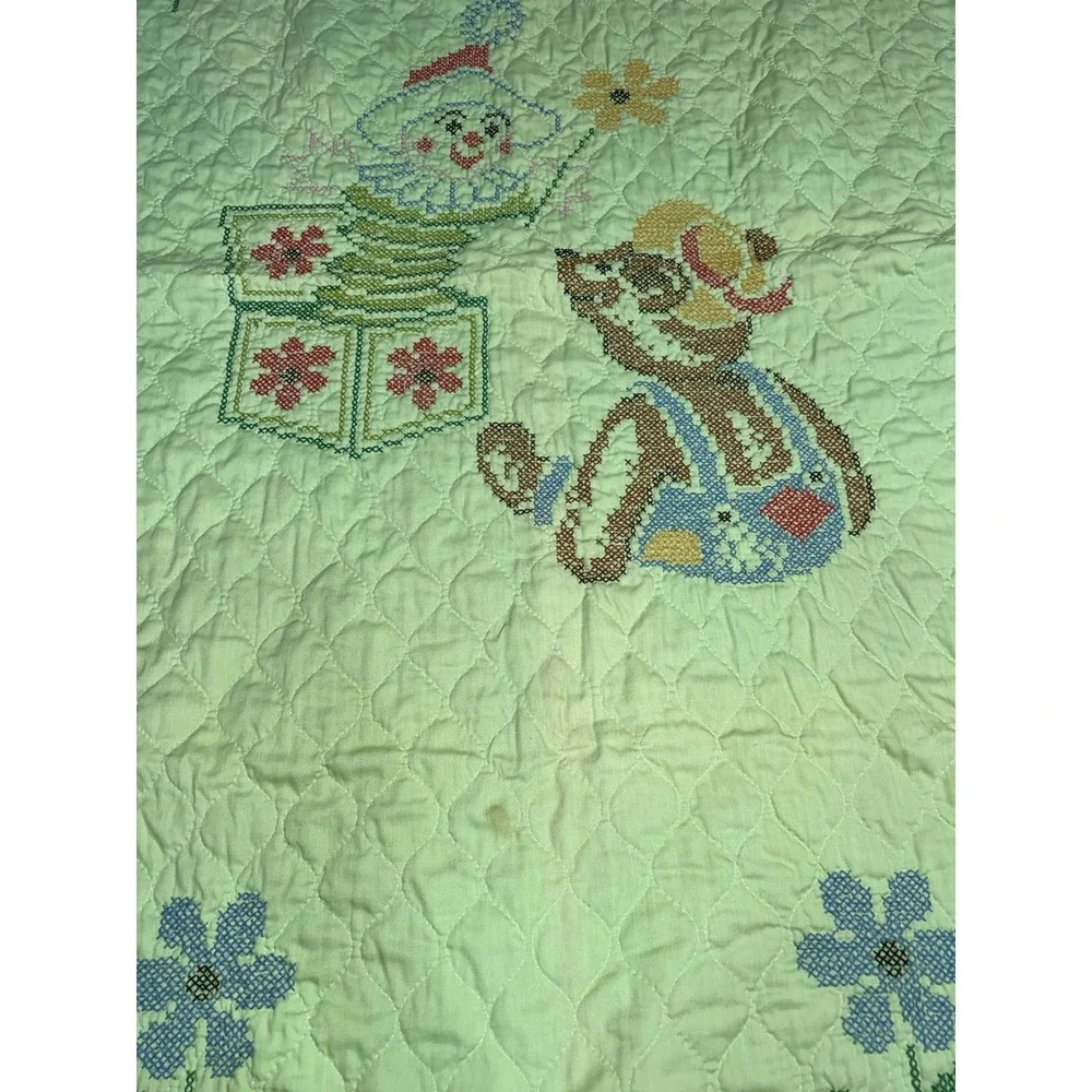 VTG Teddy Bear Jack In The Box Baby Crib Quilt Blanket Green Crossstitch 57
